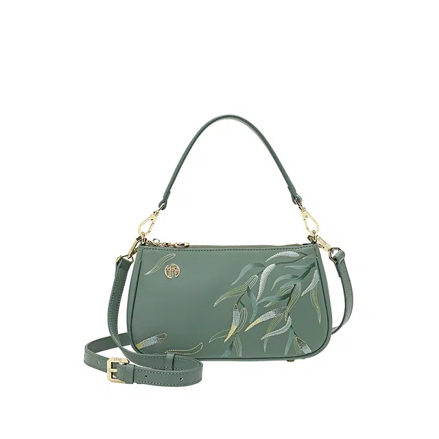 古伊西 拂柳纷飞 中国风设计绣花工艺 牛皮 新中式高级感小众腋下单肩斜挎包 中号 女款 千岁绿