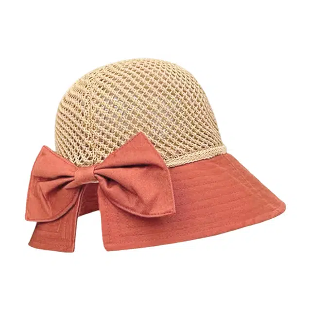 浪莎 夏季时尚砖红色双拼色编织镂空透气优雅蝴蝶结大帽檐遮阳防紫外线 聚酯纤维 防晒帽渔夫帽 男女同款情侣款
