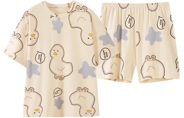 浪莎 圆领简约卡通舒适上衣松紧腰短裤睡衣套装 女款 浅黄