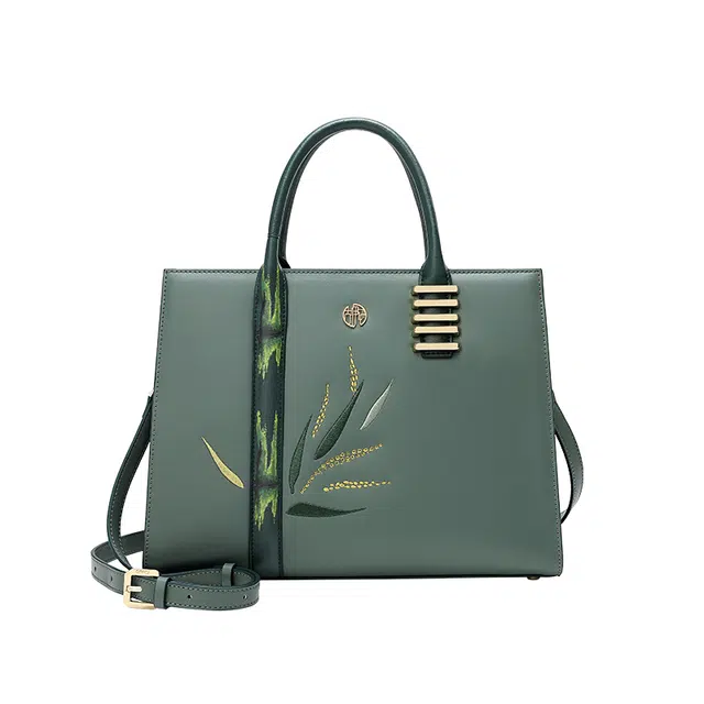 古伊西 君子之竹 新中式国风刺绣工艺旗袍汉服 牛皮 单肩斜挎手提包 大号 女款 云杉绿