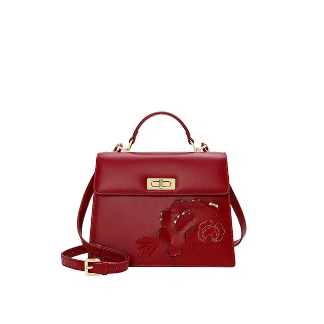 古伊西 剪影系列 新中式国风刺绣印花旗袍戴妃包 牛皮 斜挎手提包 中号 女款 胭脂红