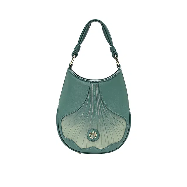 古伊西 银杏起舞新中式 中国风绣花工艺 头层牛皮 手拎手提斜挎包 小号 女款 松绿