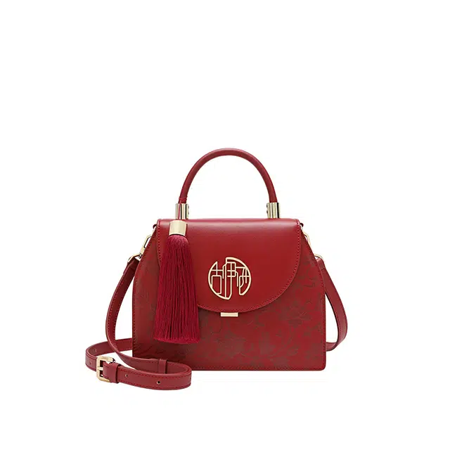 古伊西 喜结连理 新中式国风印花工艺旗袍凯莉包 牛皮 喜庆红新娘包手提斜挎包 小号 女款 胭脂红