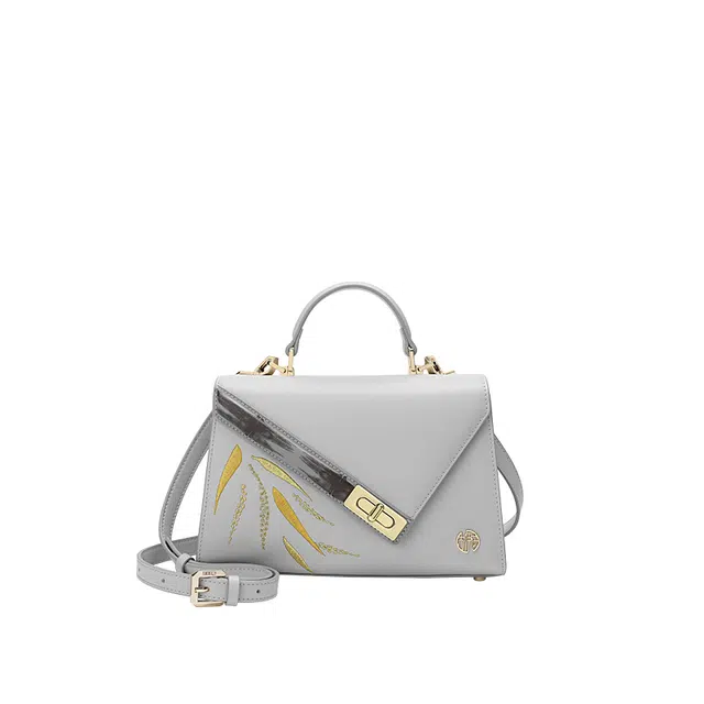 古伊西 君子之竹新中式折纸包 中国风竹叶刺绣工艺 牛剖层皮革 绣花手提包气质单肩斜挎包 常规 女款 霜雪灰