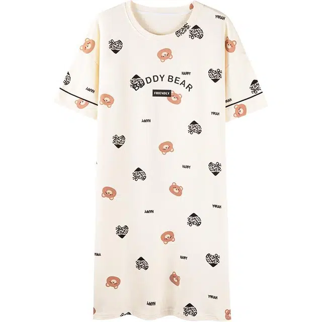 浪莎 带胸垫一体式纯棉休闲短袖睡裙 女款 米白色