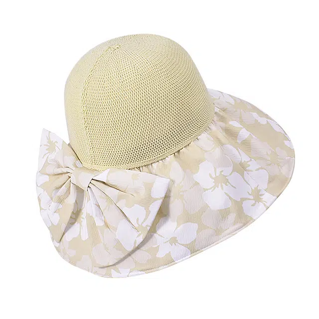 浪莎 四季通用米色氛围感大头印花蝴蝶结编织帽顶大帽檐遮阳防紫外线 氨纶聚酯纤维 遮阳帽太阳帽 女款
