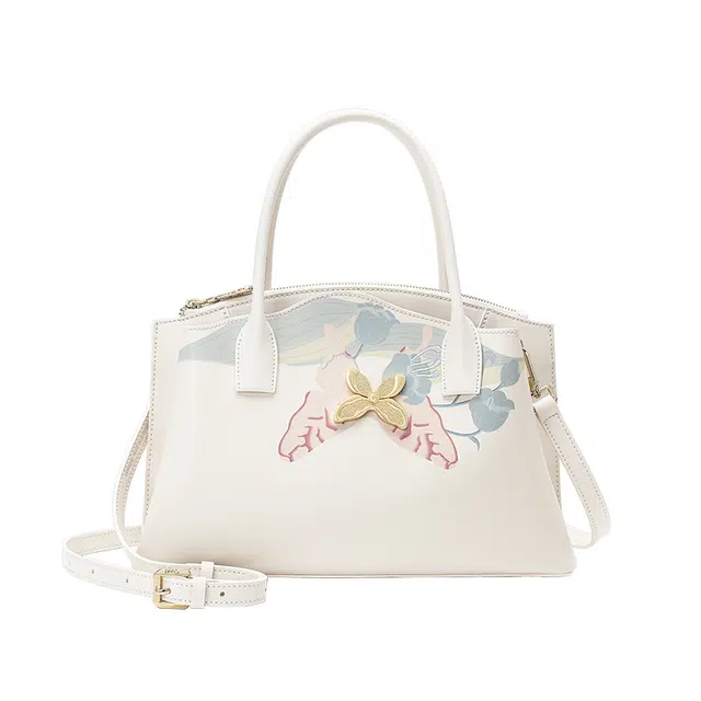 古伊西 昳子铃兰新中式杀手包 国风设计印花工艺 牛皮 蝴蝶五金 大气手提包斜挎包单肩包 大号 女款 米白