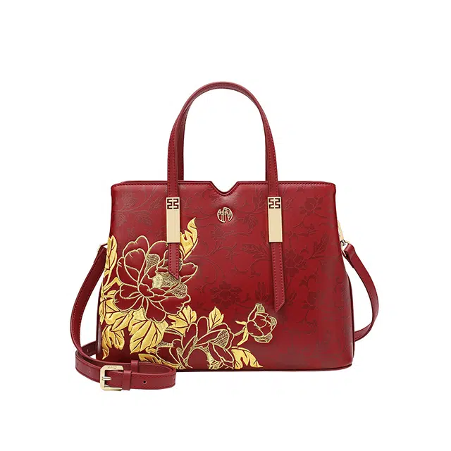 古伊西 喜结连理 新中式国风刺绣印花结婚包 牛皮 红色新娘包妈妈婚礼手提斜挎 大号 女款 胭脂红