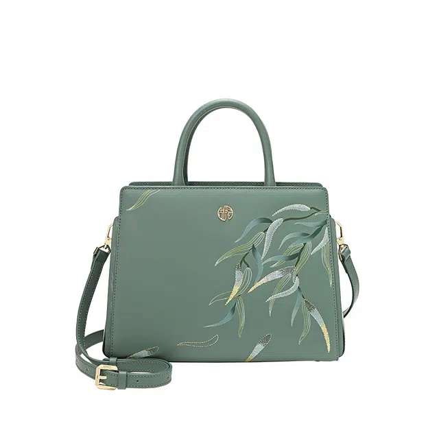 古伊西 拂柳纷飞 新中式国风刺绣工艺旗袍大容量 牛皮 单肩斜挎手提包 大号 女款 千岁绿