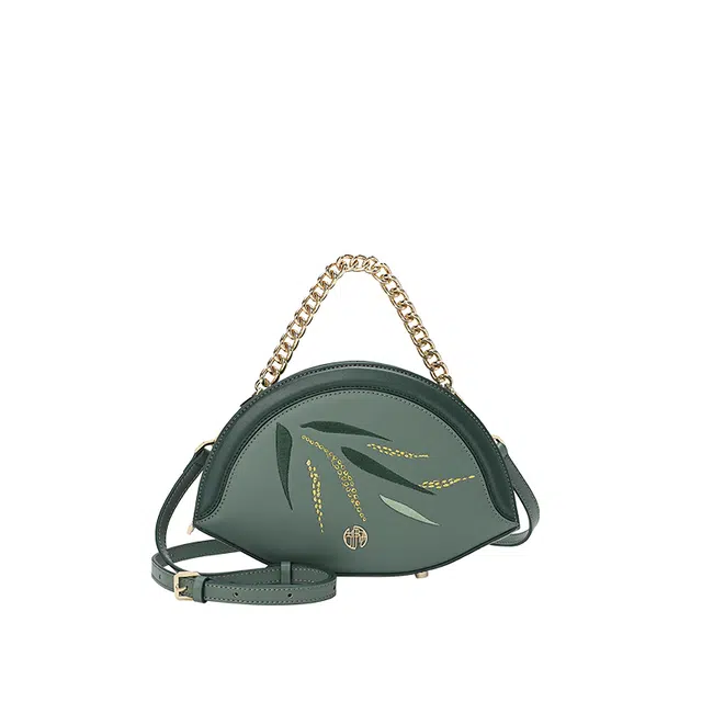 古伊西 君子之竹 新中式国风刺绣工艺手提包 牛剖层皮革 绣花斜挎包单肩包 小号 女款 云杉绿