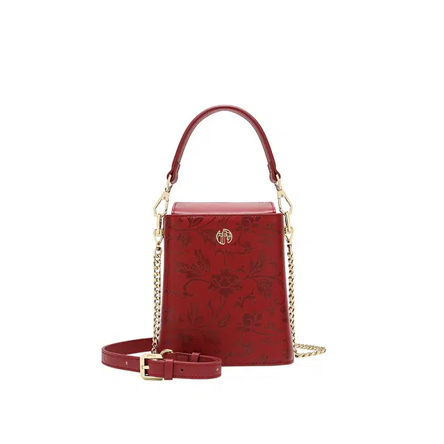 古伊西 喜结连理 新中式国风印花工艺旗袍烟盒包 牛皮 小众妈妈新娘结婚包手机包手拎单肩斜挎包 小号 女款 胭脂红