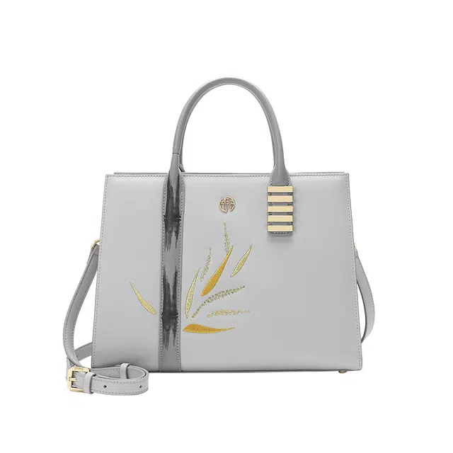 古伊西 君子之竹 新中式国风竹叶刺绣工艺单肩手提包 牛皮 高级感通勤斜挎包 大号 女款 霜雪灰