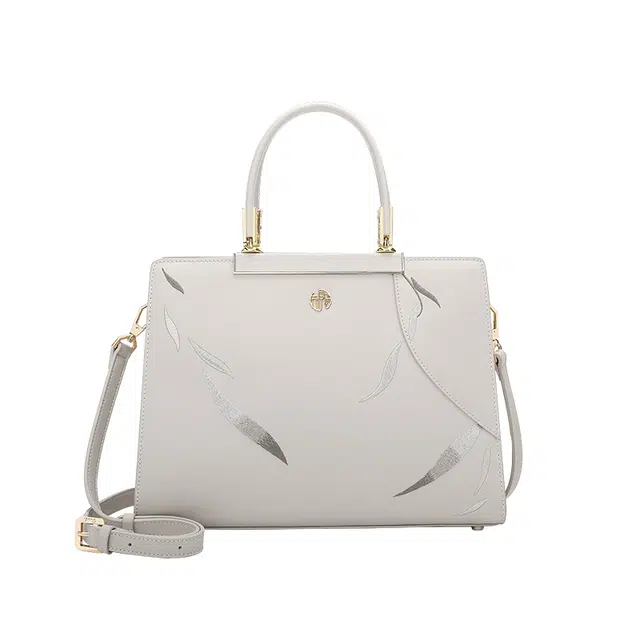 古伊西 柳系列 新中式国风刺绣工艺 牛皮 手提包单肩斜挎 大号 女款 素雅白