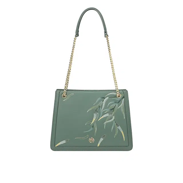 古伊西 拂柳纷飞 新中式国风托特包 牛皮 单肩包 中号 女款 千岁绿