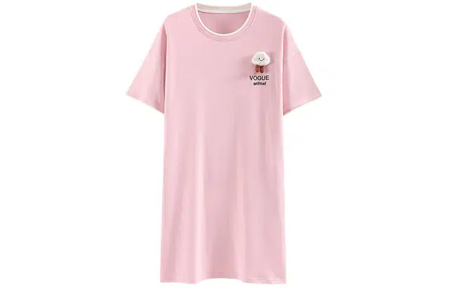 浪莎 纯棉带胸垫圆领中长款短袖睡裙 女款 粉色