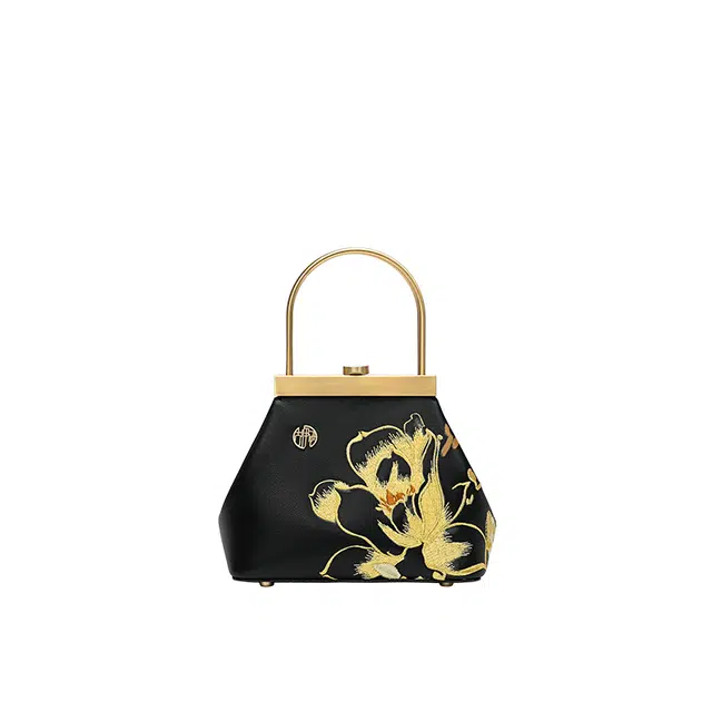 古伊西 金玉满堂 新中式国风刺绣夹子口金包 牛剖层皮革 旗袍手提包 小号 女款 黑色