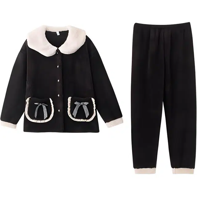 小情歌 珊瑚绒睡衣 秋冬季 加厚加绒保暖家居服 女款 黑色