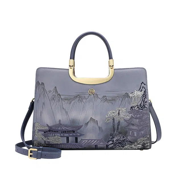 古伊西 亭台望岳新中式画境包 国风刺绣大容量通勤 牛皮 手提包 大号 女款 黛蓝