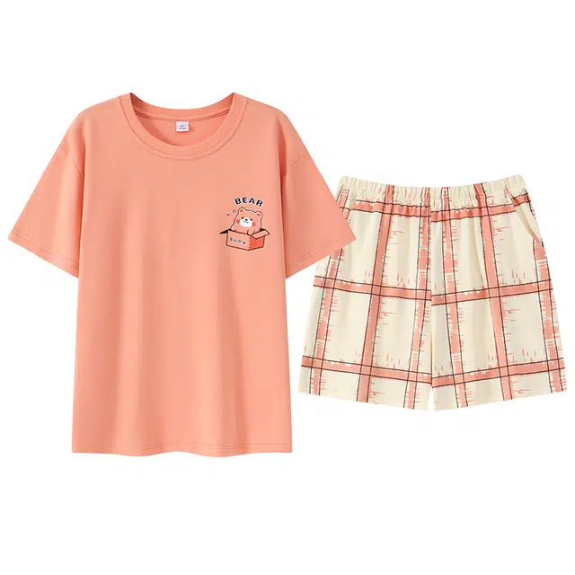 莫代尔 舒适纯色居家透气休闲亲肤小清新套头短袖三分裤可外穿少女睡衣套装 女款 珊瑚色