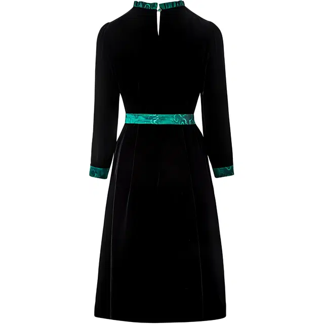 水墨佳人 优雅设计感纯色拼接绑带圆领中长长袖连衣裙 女款 黑色