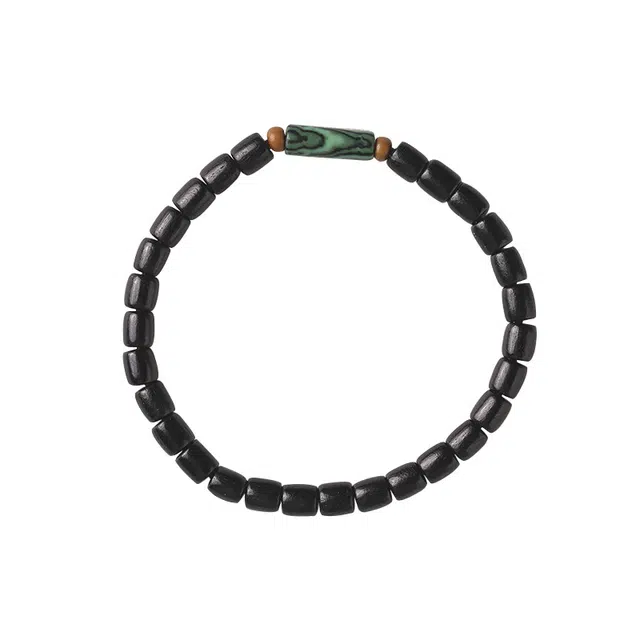 岁月静好 新中式桶型鼓珠文玩孔雀石寿山细款森林系单圈国潮木质 檀木 木作手串 男女同款情侣款 黑檀