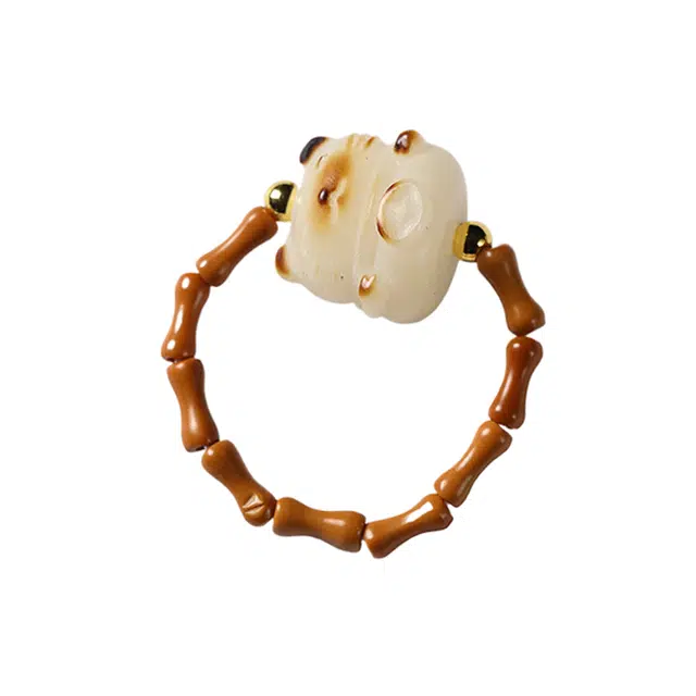 九隆古 新中式森系竹节【节节高升】搭配菩提雕财猫九尾狐精美手戒 招财转运纳福 考试考研上岸 橄榄核 戒指 女款