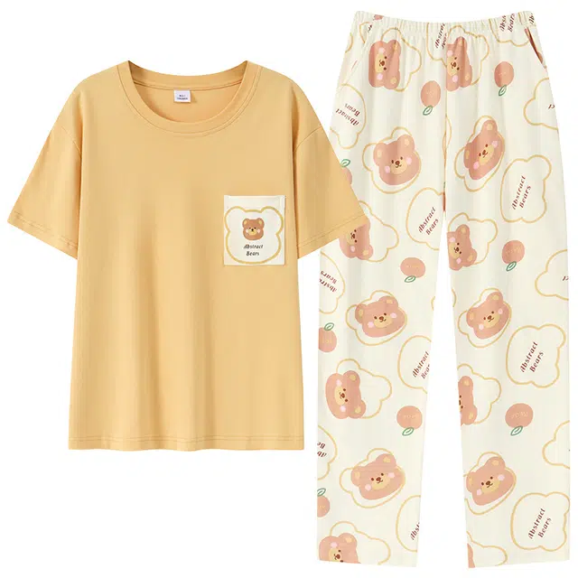 莫代尔 纯色舒适轻薄透气休闲亲肤小清新短袖长裤可外穿少女睡衣套装 女款 金色