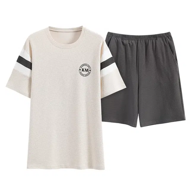 莫代尔 柔软舒适亲肤撞色条纹圆领短袖上衣松紧腰纯色五分裤睡衣套装 男款 米白色