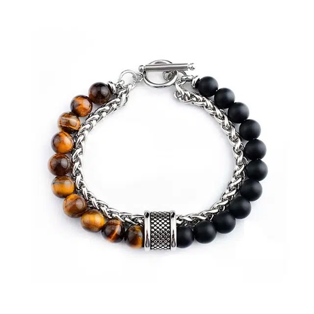 银千惠 龙骨 潮流嘻哈街头酷黑手串 手持文玩佛珠 绕指盘玩念珠 小众潮酷个性高街双层叠戴百搭款串珠首饰 钛钢 手链 男款 礼盒装