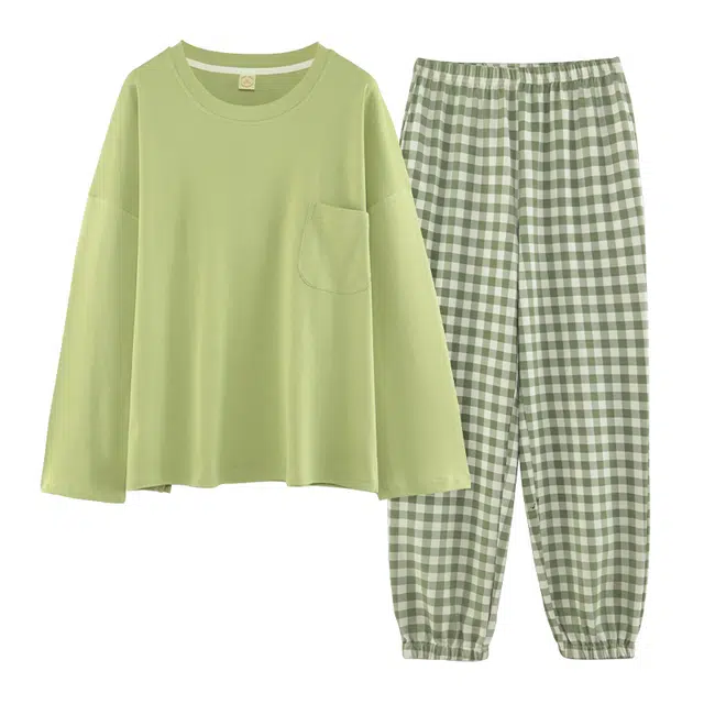 莫代尔 时尚亲肤带胸垫防凸点格仔长袖长裤家居服可外穿休闲居家睡衣套装 女款 绿黄色
