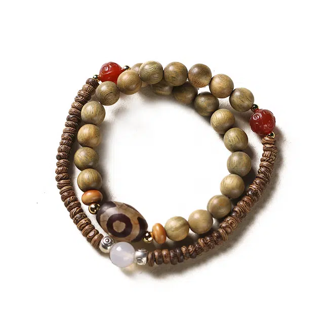 九隆古 国潮古风双圈念珠 藏式三眼天珠 木作 手串 男女同款情侣款 绿檀