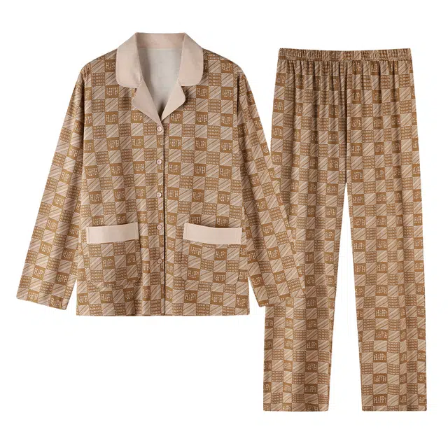 莫代尔 时尚韩版满印家居服可外穿亲肤舒适睡衣套装 女款 驼色