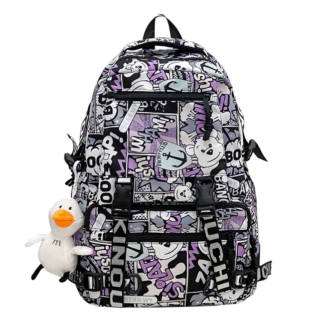 笛贝嘉 日系原宿可爱印花涂鸦百搭学生通勤 尼龙 双肩包 大号 男女同款情侣款