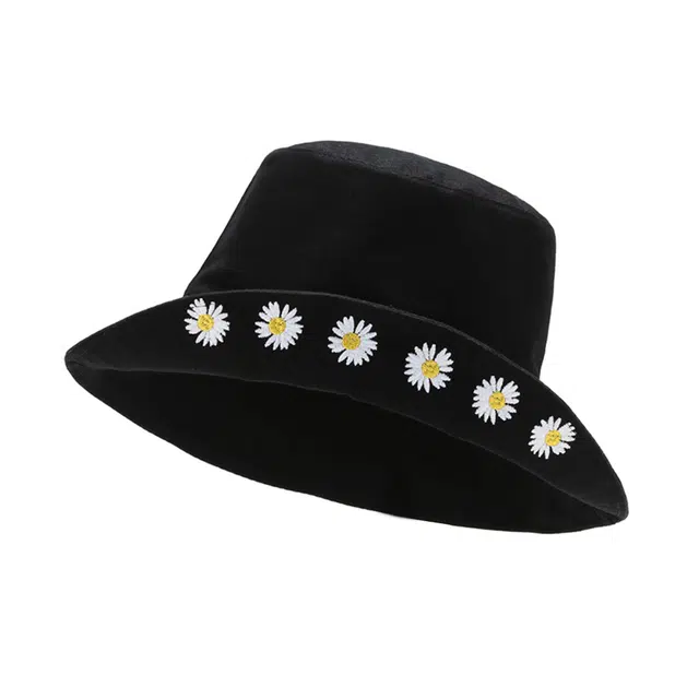 浪莎 夏季黑色小雏菊印花帽百搭潮流大帽檐遮阳防晒防紫外线遮脸 棉聚酯纤维 渔夫帽 男女同款情侣款