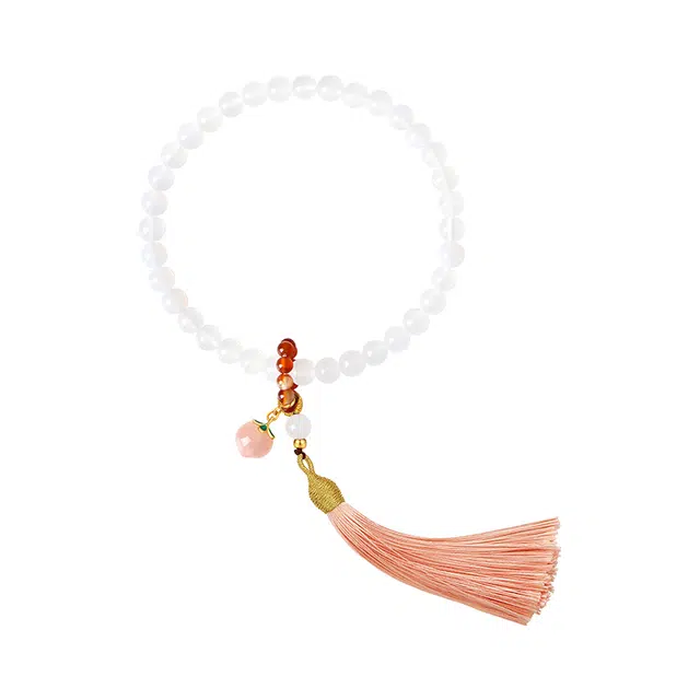 周大生 茉莉白桃银镶玉水蜜桃新中式流苏手饰 玉髓 手串 女款