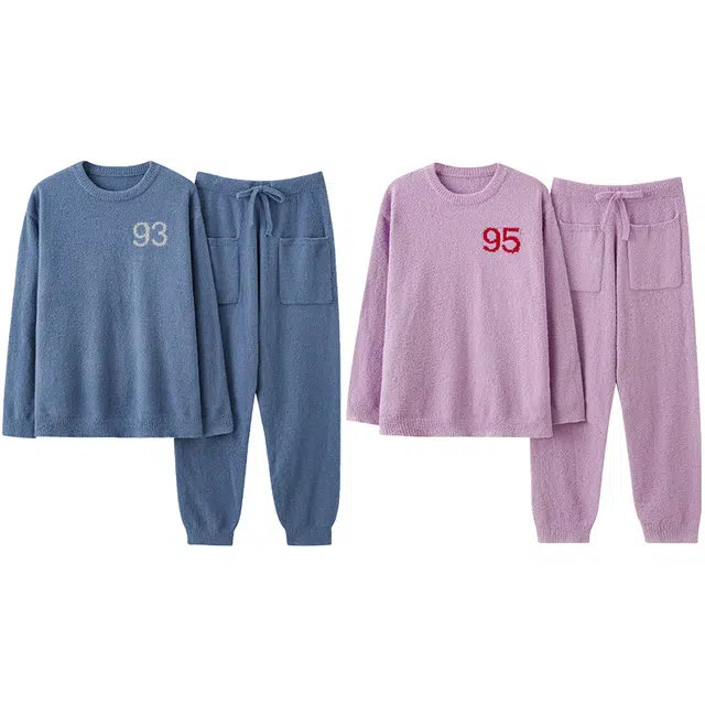 浪莎 软绵绵半边绒男女睡衣秋冬款圆领纯色字母印花带加绒加厚可外穿抑菌 家居套装 情侣款 灰蓝色/紫色