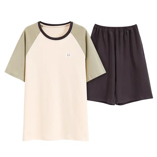 莫代尔 简约时尚轻薄亲肤透气舒适圆领套头短袖松紧带可外穿五分裤睡衣套装 男款 杏色