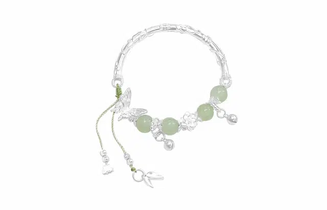 牧言 国潮复古新中式森系气质简约小众设计高级感 光面立体蝶梦花朵流苏铃铛竹叶半镯半链手饰 合金 条纹蝴蝶手镯 女款