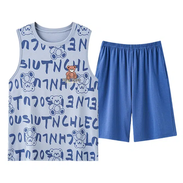 雅鹿 薄款纯棉卡通大码宽松家居背心无袖五分裤睡衣套装 男款 蓝色小熊字母印花