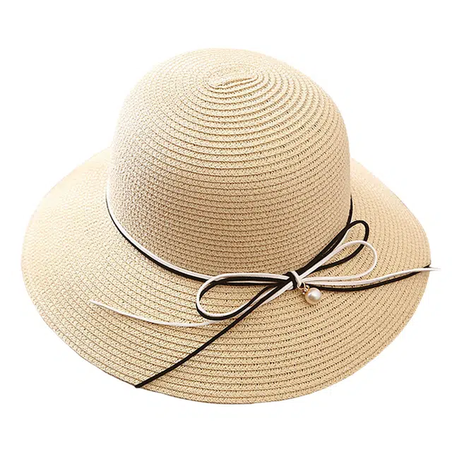 浪莎 春夏季卡其色编织时尚透气蝴蝶结大帽檐防晒防紫外线 纤维素聚酯纤维 遮阳帽太阳帽沙滩帽 女款