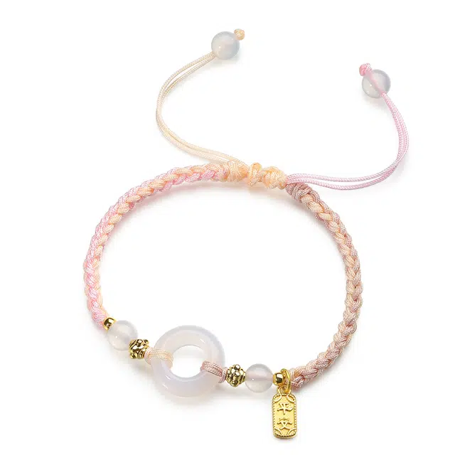 彗时珠宝 桃花灼灼平安扣编绳手链 新中式渐变色玛瑙粉色简约手链  如意平安扣莫比乌斯手环 男女同款情侣款