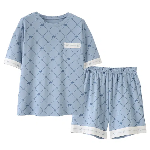 莫代尔 薄款口袋短袖上衣千鸟格家居服可外穿睡衣套装 女款 天蓝色
