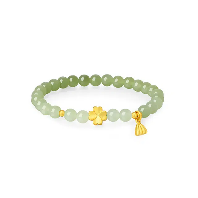 中国黄金 珍·尚银 新中式 四叶草莲蓬 古风 国潮轻奢小众设计 渐变简约手饰 和田玉 手串 女款 青玉 礼盒