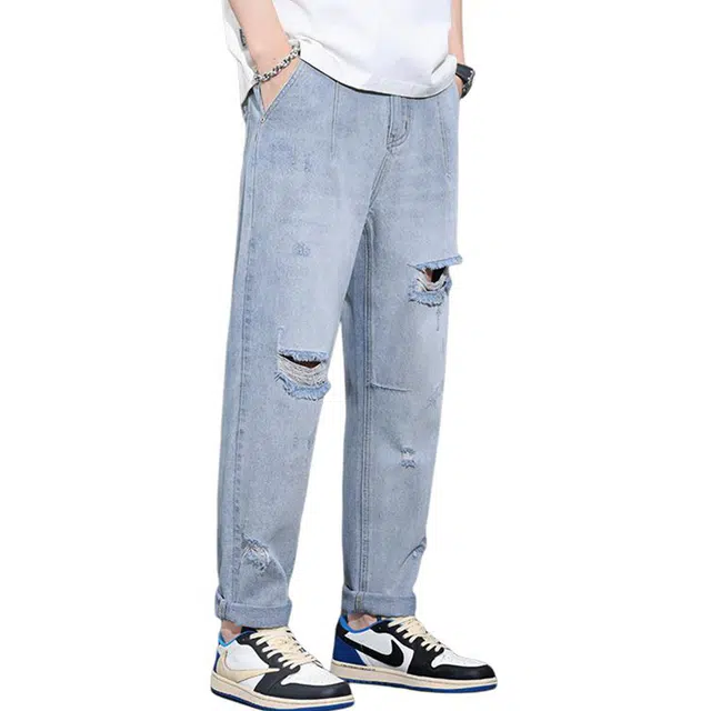 雅鹿 直筒宽松破洞水洗牛仔裤 男款 浅蓝