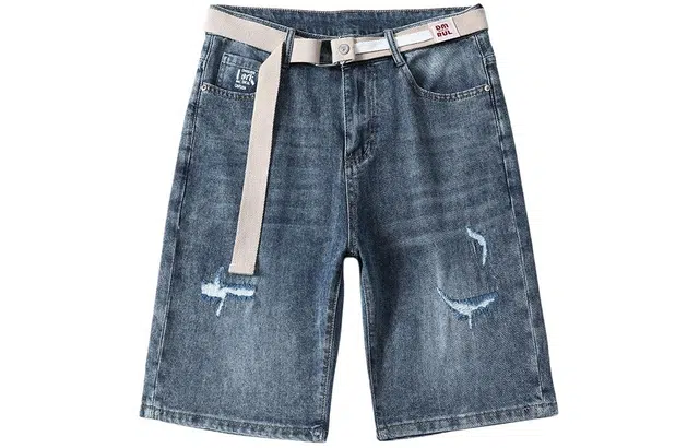 雅鹿 美式复古破洞百搭休闲宽松水洗直筒五分牛仔短裤 男款 蓝色