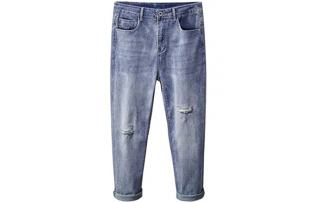 雅鹿 复古宽松直筒哈伦破洞牛仔裤 男款 蓝色