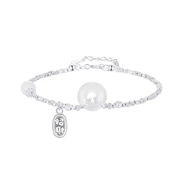 中国珠宝 碎碎招财平安扣 新中式本命年转运福牌吊坠 精致白月光 玉髓 玉石手链 女款