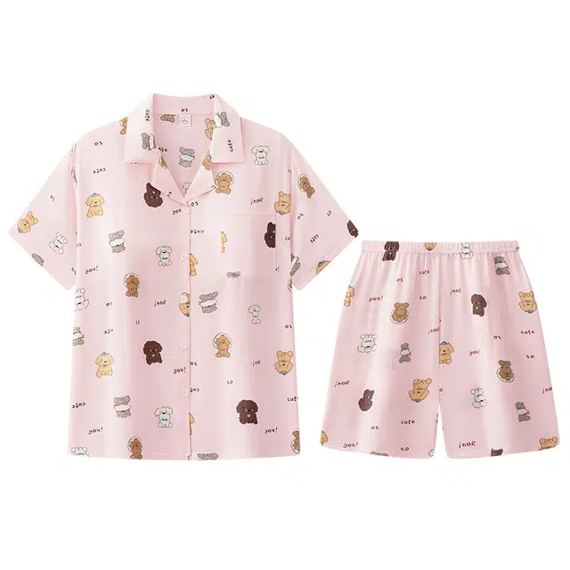 兰缪 翻领简约舒适短袖上衣松紧腰三分裤睡衣套装 女款 粉色