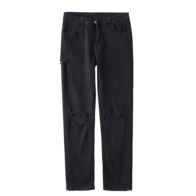 雅鹿 破洞百搭中腰高街水洗直筒修身做旧耐磨牛仔裤 男款 黑色