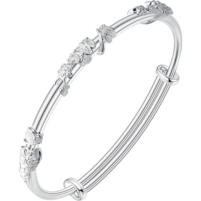 秦福炫 十二花神 新中式花开富贵立体花纹铜手环 精致优雅小众闺蜜百搭款推拉可调节首饰 电镀银 手镯 女款 七 夕送礼女友礼盒装